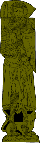 FIG. 24.--Brass of Sir Roger de Trumpington at Trumpington. Arms: Azure, crusilly and two trumpets palewise or. (From a rubbing by Walter J. Kaye.)