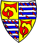 FIG. 121.--Arms of Laurence de Hastings, Earl of Pembroke (d. 1348); Quarterly, 1 and 4, or, a maunch gules (for Hastings); 2 and 3, barruly argent and azure, an orle of martlets (for Valence). (From his seal.)