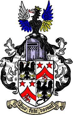 FIG. 139.--Armorial bearings of Rodolph Ladeveze Adlercron, Esq.: Quarterly, 1 and 4, argent, an eagle displayed, wings inverted sable, langued gules, membered and ducally crowned or (for Adlercron): 2 and 3, argent, a chevron in point embowed between in chief two mullets and in base a lion rampant all gules (for Trapaud). Mantling sable and argent. Crest: on a wreath of the colours, a demi-eagle displayed sable, langued gules, ducally crowned or, the dexter wing per fess argent and azure, the sinister per fess of the last and or. Motto: "Quo fata vocant."