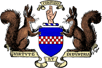 FIG. 668.--The Arms used by Kilmarnock, Ayrshire: Azure, a fess chequy gules and argent. Crest: a dexter hand raised in benediction. Supporters: on either side a squirrel sejant proper.