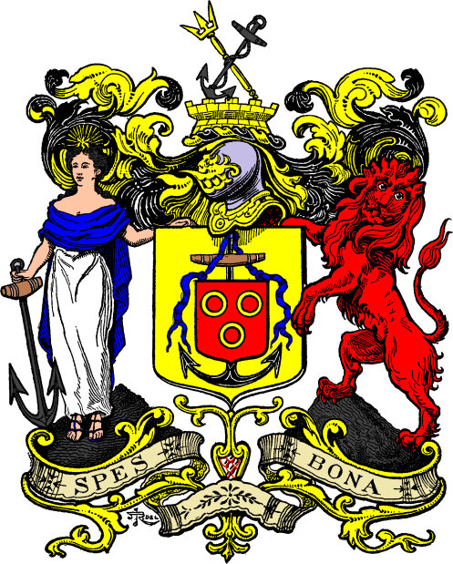 FIG. 673.--Arms of Cape Town: Or, an anchor erect sable, stock proper, from the ring a riband flowing azure, and suspended there from an escocheon gules charged with three annulets of the field; and for the crest, on a wreath of the colours, upon the battlements of a tower proper, a trident in bend dexter or, surmounted by an anchor and cable in bend sinister sable.