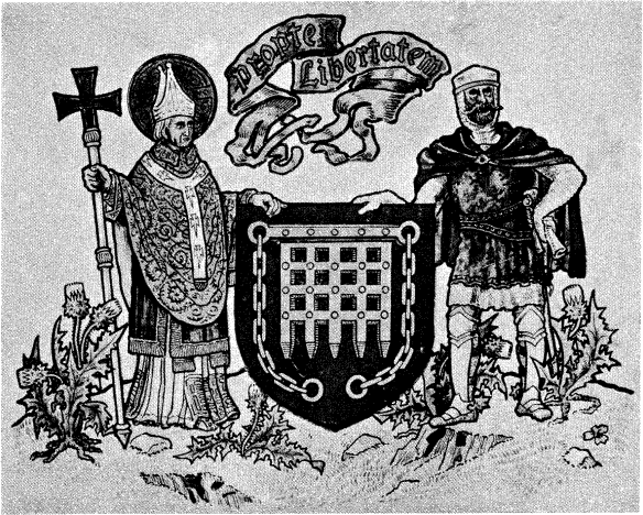 FIG. 669.--Arms of Arbroath: Gules a portcullis with chains pendent or. Motto: "Proper Libertatem." Supporters: dexter, St.Thomas à Becket in his archiepiscopal robes all proper; sinister a Baron of Scotland armed cap-à-pie, holding in his exterior hand the letter from the Convention of the Scottish Estates, held at Arbroath in the year of 1320, addressed to Pope John XXII., all proper.