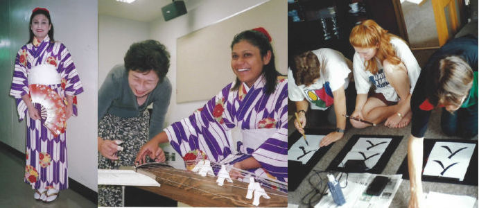 Foreign Students in Kimono/Trying Japanese Harp/Japanese Calligraphy is in Black Only