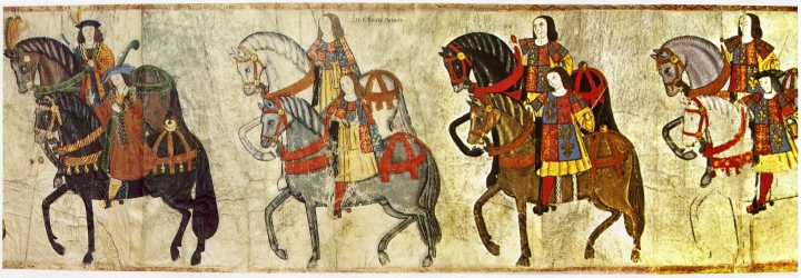 FIG. 13.--Officers of Arms as represented in the famous Tournament Roll of Henry VIII., now preserved in the College of Arms.