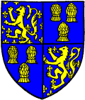 FIG. 45.--Arms of John, Lord Beaumont, K. G.. (d, 1396). From his Garter Plate: 1 and 4, Beaumont; 2 and 3, azure, three garbs or (for Comyn).