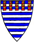 FIG. 120.--Arms of William de Valence, Earl of Pembroke (d. 1296); Barruly azure and argent, a label of five points gules, the files depending from the chief line of the shield, and each file charged with three lions passant guardant or. (From MS. Reg. 14, C. vii.)