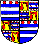 FIG. 122.--Arms of Edmund Grey, Earl of Kent (d. 1489): Quarterly, 1 and 4, barry of six, argent and azure, in chief three torteaux (for Grey); 2 and 3, Hastings and Valence sub-quarterly. (From his seal, 1442.)