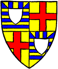 FIG. 209.--The arms of Roger Mortimer, Earl of March and Ulster(d. 1398): Quarterly, 1, 4, azure, three bars or (sometimes but not so correctly quoted barry of six), on a chief of the first two pallets between two base esquires of the second, over all an inescutcheon argent (for Mortimer); 2 and 3, or, a cross gules (for Ulster). (From his seal.)