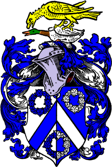FIG. 249.--Armorial bearings of R. E. Yerburgh, Esq.: Per pale argent and azure, on a chevron between three chaplets all counterchanged, an annulet for difference. Mantling azure and argent. Crest: on a wreath of the colours, a falcon close or, belled of the last, preying upon a mallard proper.