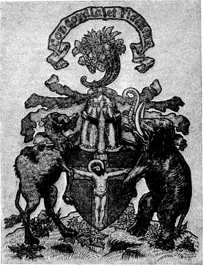 FIG. 251.--Armorial bearings of the Royal Burgh of Inverness: Gules, our Lord upon the Cross proper. Mantling gules, doubled or. Crest: upon a wreath of the proper liveries a cornucopia proper. Supporters: dexter, a dromedary; sinister, an elephant, both proper. (From a painting by Mr. Graham Johnston in Lyon Register.