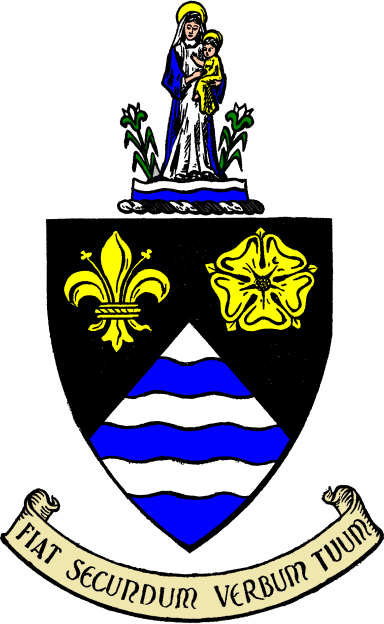 FIG. 252.--Arms of Marylebone: Per chevron sable and barry wavy of six, argent and azure in chief, in the dexter a fleur-de-lis, and in the sinister a rose, both or. Crest: on a wreath of the colours, upon two bars wavy argent and azure, between as many lilies of the first, stalked and leaved vert, a female figure affronté proper, vested of the first, mantled of the second, on the left arm a child also proper, vested or, around the head of each a halo of the last. Motto: "Fiat secundum verbum tuum."