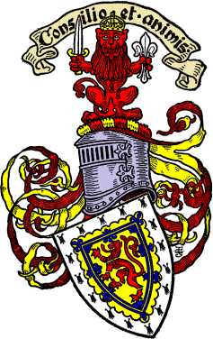 FIG. 294.--Armorial bearings of Alexander Charles Richards Maitland, Esq.: Or, a lion rampant gules, couped in all his joints of the field, within a double tressure flory and counter-flory azure, a bordure engrailed ermine. Mantling gules and or. Crest: upon a wreath of his liveries, a lion sejant erect and affronté gules, holding in his dexter paw a sword proper, hilted and pommelled gold, and in his sinister a fleur-de-lis argent. Motto: "Consilio et animis."