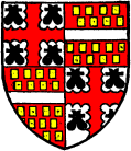 FIG. 552.--Arms of Henry Bourchier, Earl of Essex, K.G.: Quarterly, 1 and 4, argent a cross engrailed gules, between four water-bougets sable (for Bourchier); 2 and 3, gules, billetté or, a fess argent (for Louvain). (From his seal.)