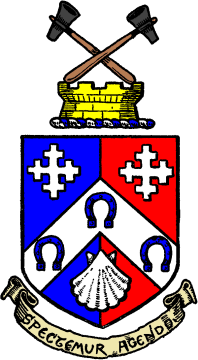 FIG. 554.--Arms of Hammersmith: Party per pale azure and gules, on a chevron between two cross crosslets in chief and an escallop in base argent, three horse-shoes of the first. Crest: on a wreath of the colours, upon the battlements of a tower, two hammers in saltire all proper. Motto: "Spectemur agendo."