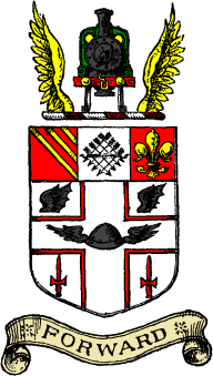 FIG. 555.--Arms of the Great Central Railway: Argent, on a cross gules, voided of the field, between two wings in chief sable and as many daggers erect in base of the second, in the fess point a morion winged of the third, on a chief also of the second a pale of the first, thereon eight arrows saltirewise banded also of the third, between on the dexter side three bendlets enhanced and on the sinister a fleur-de-lis or. Crest: on a wreath of the colours, a representation of the front of a locomotive engine proper, between two wings or. [The grant is dated February 25, 1898.]