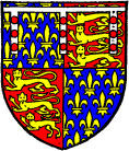 FIG. 717.--Edmund of Langley, Duke of York, fifth son of King Edward III.: France (ancient) and England quarterly, a label of three points argent, each point charged with three torteaux. (From his seal, 1391.) His son, Edward, Earl of Cambridge, until he succeeded his father, i.e. before 1462, bore the same with an additional difference of a bordure of Spain (Fig. 316). Vincent attributes to him, however, a label as Fig. 719, which possibly he bore after his father's death.