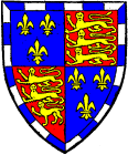 FIG. 724.--John de Beaufort, Earl and Marquis of Somerset, son of John of Gaunt. Arms subsequent to his legitimation: France and England quarterly, within a bordure gobony azure and argent. Prior to his legitimation he bore: Per pale argent and azure (the livery colours of Lancaster), a bend of England (i.e. a bend gules charged with three lions passant guardant or) with a label of France.