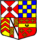 FIG. 757.--Arms of George Nevill Baron Abergavenny (d. 1535): Quarterly, 1. gules, on a saltire argent, a rose of the field (Nevill); 2. chequy or and azure (Warenne); 3. or, three chevrons gules (Clare); 4. quarterly argent and gules, in the second and third quarters a fret or, over all a bend sable (Le Despencer); 4. gules, on a fess between six cross crosslets or, a crescent sable (for Beauchamp). (Add. MS. 22, 306.)
