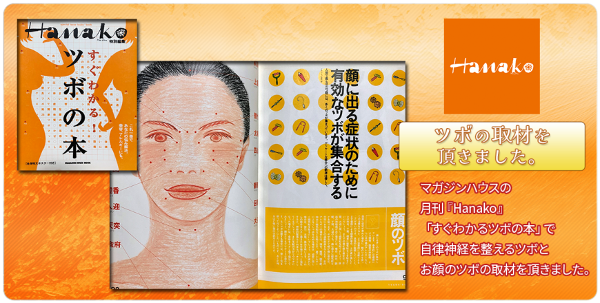マガジンハウスの月刊Hanako「すぐわかるツボの本」で自律神経を整えるツボとお顔のツボの取材をいただきました。