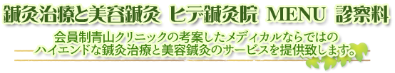 鍼灸治療と美容鍼灸 ヒデ鍼灸院 MENU 診察料 会員制青山クリニックの考案したメディカルならではのハイエンドな鍼灸治療と美容鍼灸のサービスを提供いたします。