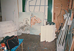 Painting on the plaster panels at the studio. Each was about 1.5 x 0.9 meters and was quite heavy.