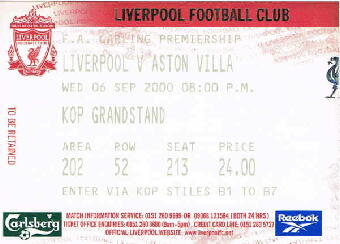 Liverpool v Aston Villa  06/09/1996() 08:00 Kop Grandstand  Area(202) Row(52) Seat(213) 24.00