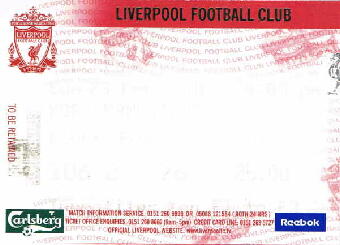 Liverpool v Arsenal  23/12/2001() 04:00 Kop Grandstand  Block(106) Row(2) Seat(76) 25.00