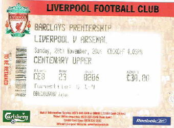 Liverpool v Arsenal  28/11/2004() 04:05 Centenary Upper  Block(CE8) Row(23) Seat(206) 30.00