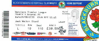 Blackburn Rovers v Arsenal 28/08/2010 12:45  Row(10) Seat(110) 38.00