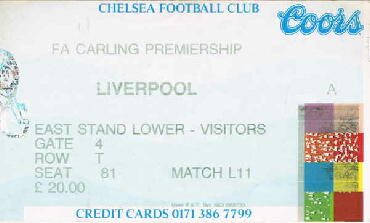 Chelsea v Liverpool  01/01/1997 15:00 East Stand Lower Row(T) Seat(81) 20.00