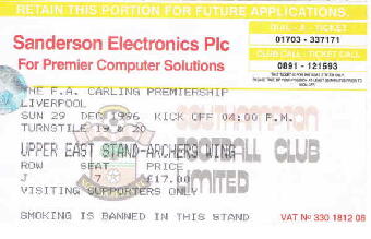 Southampton v Liverpool 29/12/1996 04:00 Upper East Stand Row(J) Seat(7) 17.00