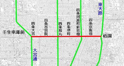京都市電四条線、路線図