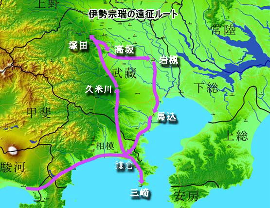 長享の乱：明応3年（1494）伊勢宗瑞の遠征ルート