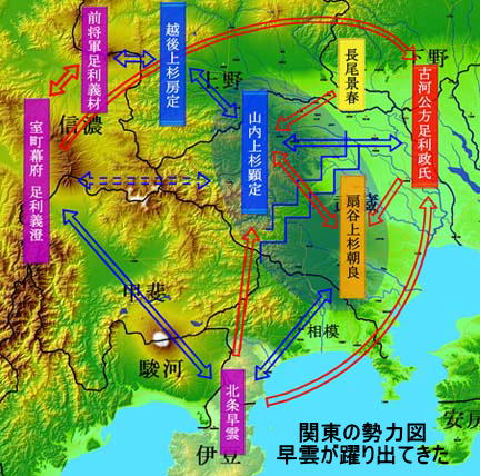 長享の乱：文亀元年（1501）関東の勢力図；早雲が躍り出てきた