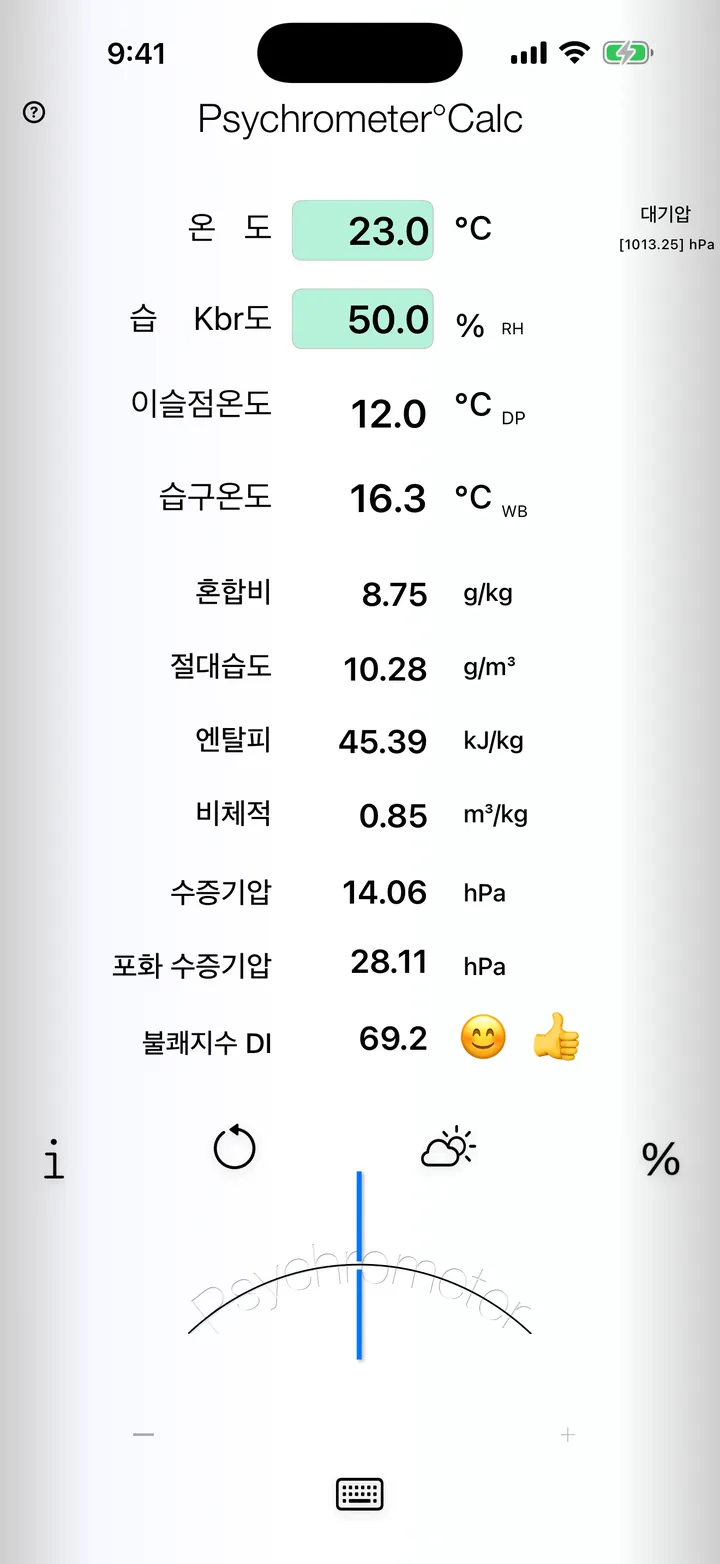 이슬점, 습구온도와 습공기 상태값을 표시하는 쾌적도 계산 앱의 메인 화면
