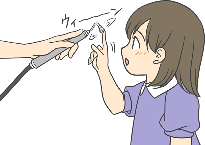 回転歯ブラシを手で触って練習する女の子のイラスト