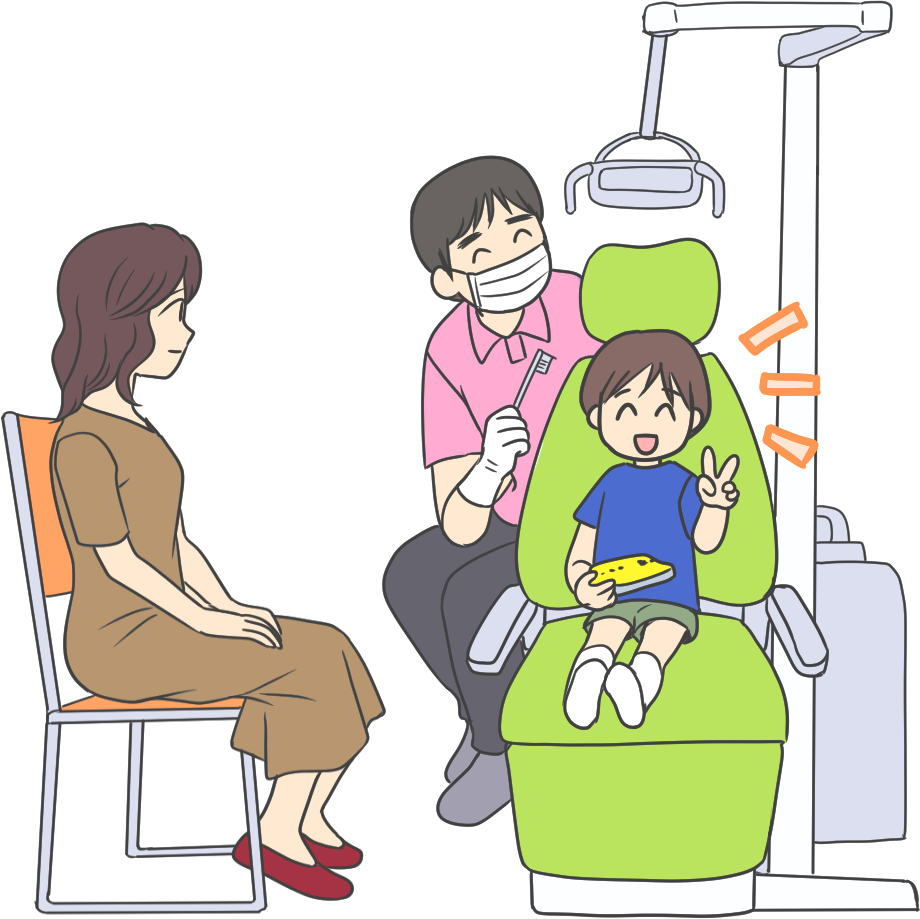 歯科用チェアーに座って歯磨きができた男の子のイラスト